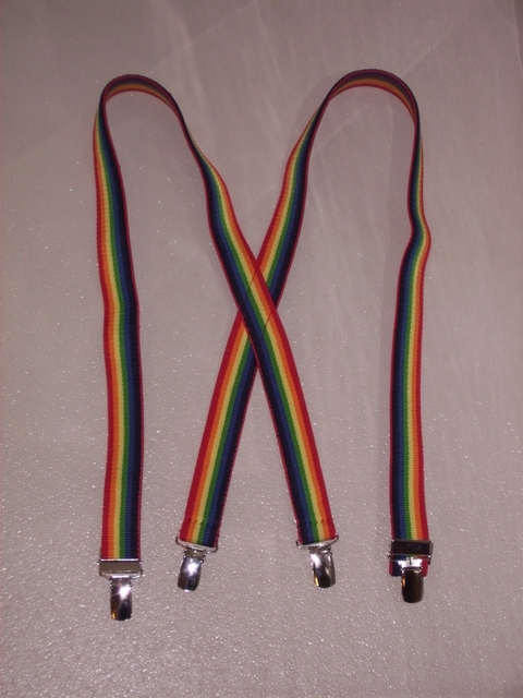 RAINBOW"X" Style 1" wide x 25" long. Entirely Stretchable  Suspenders, to fit Toddlers, 9 to 24 months old or 20" to 38" tall. Has 4 Strong 1/2"x 1"  CHROME CLIPS with Nylon Teeth and has 2 adjusters in front.  PC260N25RERA